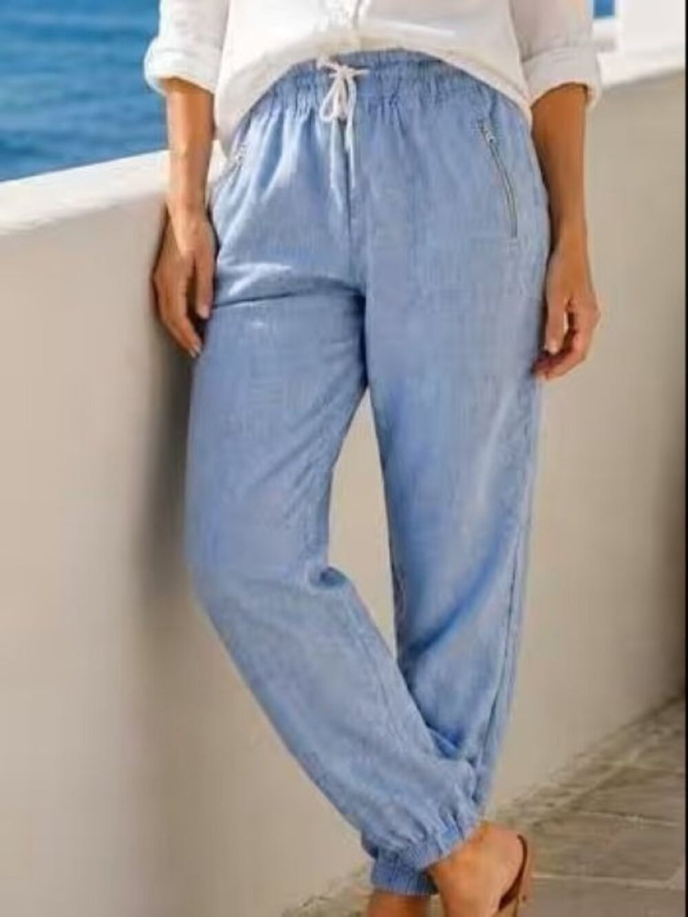 Athleta Cabo Linen Jogger Pants Blue Chambray Size 0 Drawstring Natural Capsule